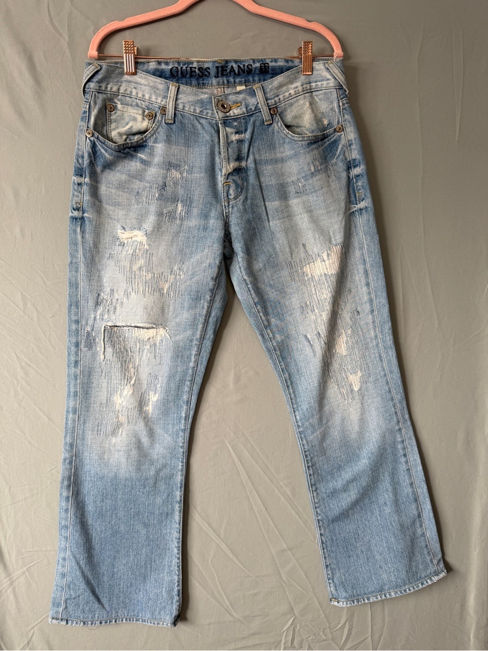 Guess Mens Distressed Falcon Slim Boot Denim Size 33 Light Blue Wash Grunge Jean